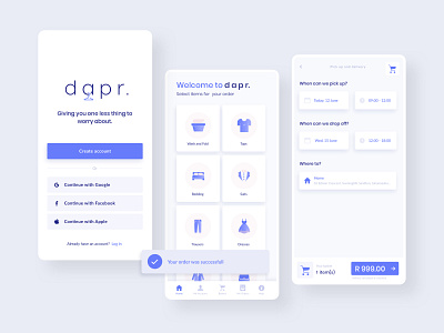 Dapr. Mobile Laundry app account creations android app design date picker flat design home screen icons ios laundry logo mobile app native app registration time picker ui kit uiux user interface uxdesign