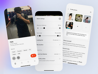 Dating Mobile App Design app design app inspiration app interface causal dating advice dating app friendships fun love match minimalist design mobile app mobile app design mobile ux online dating profile photos relationships singles ui design white themed