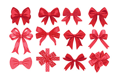 Holiday Red Bow birthday bow card cartoon celebration decoration design event festive flat gift greeting illustration label party realistic red ribbon vector