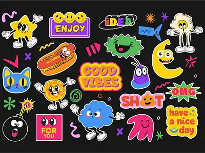 Comic Characters Stickers 70s 80s character comic cool enjoy face groovy happy hipster illustration label mascot retro smile sticker vector vintage web website