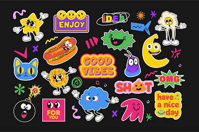 Comic Characters Stickers 70s 80s character comic cool enjoy face groovy happy hipster illustration label mascot retro smile sticker vector vintage web website