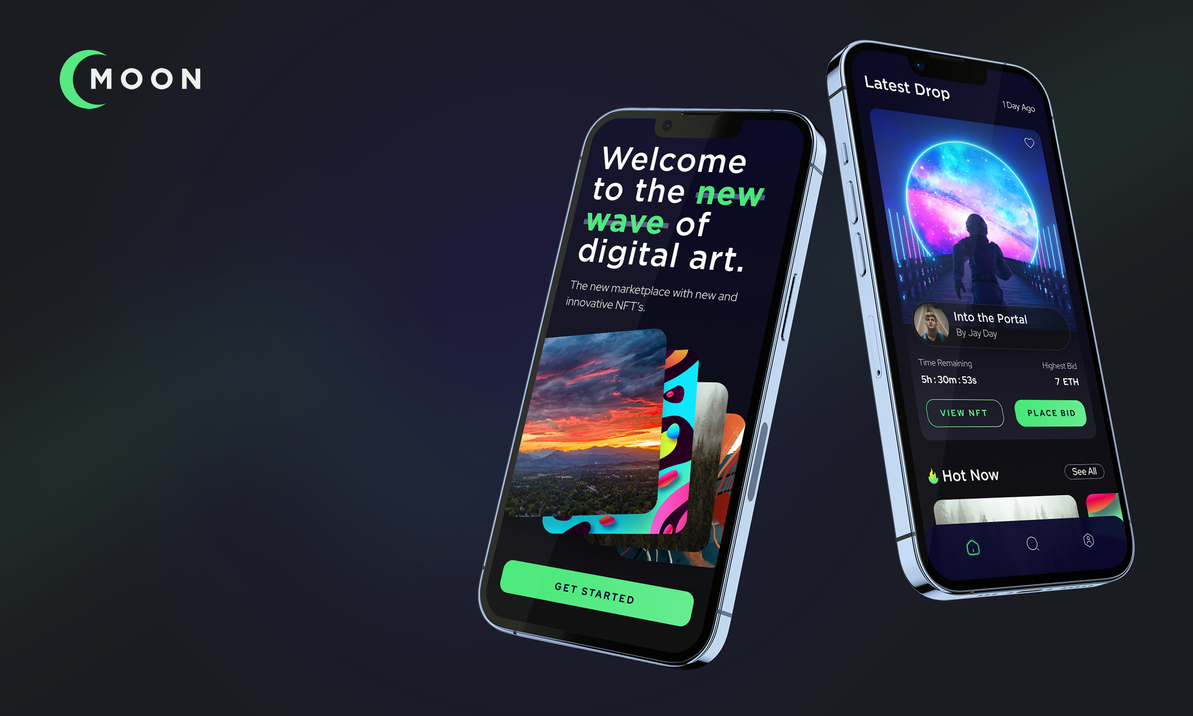 NFT Marketplace UI Concept app blockchain blue and green crypto dark theme green ios mobile nft ui uiux ux