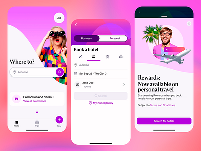 Travel Booking App app cheerful design clean layout easy navigation hotel booking intuitive design mobile app mobile ui modern pink layout plane playful playful graphics seamless user experience travel travel booking travel inspiration user experience vibrant ui visual design