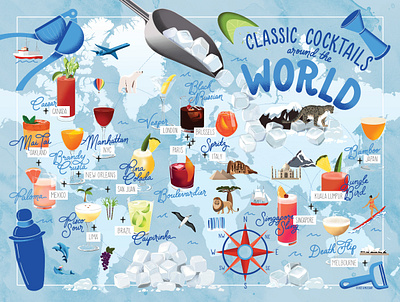 Classic Cocktails Around the World Map Illustration drink food illustration map puzzle spirits