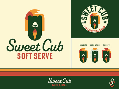 Sweet Cub Ice Cream Shop Brand Identity badge bear cub branding camping chocolate graphic design ice cream shop illustration logo north carolina outdoors retro soft serve sunrise sunset travel trailer vanilla vintage vintage stripes waffle cone