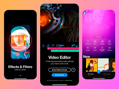 Video Editor App Design ai generator app astronout imagery content creation creative tools dark theme film making futuristic design intuitive design mobile design modern ui pink layout retro vibes templates ui user friendly vibrant colors video editing video effects video subtitles