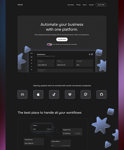 WorkX - SaaS Dark Themed Website Concept ai clean dark theme framer home page landing page modern professional saas saas branding saas website startup website ui ux web design webflow website design