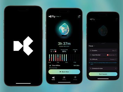 Fly - Focus Improvement App app app design blocking clean layout dark mode distractions focus focus goals focus timer green background habit building mental wellbeing mobile productivity routine task tracker time tracker ui ux