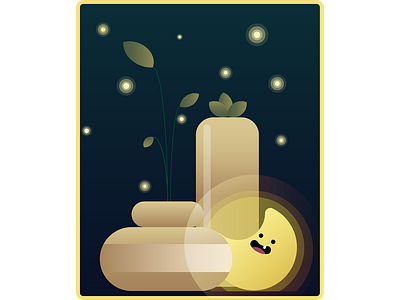Night scene cute art cute illustrations fireflies illustration moon night plants pots sweet vector
