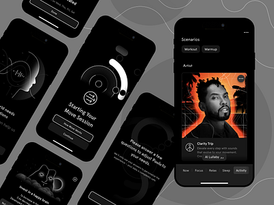 Mental Wellness App - Dark UI app calm clean layout dark ui easy navigation focus health healthcare meditation mental health mindfulness minimalist relaxation self care sessions sleep aid therapy user interface wellbeing welness