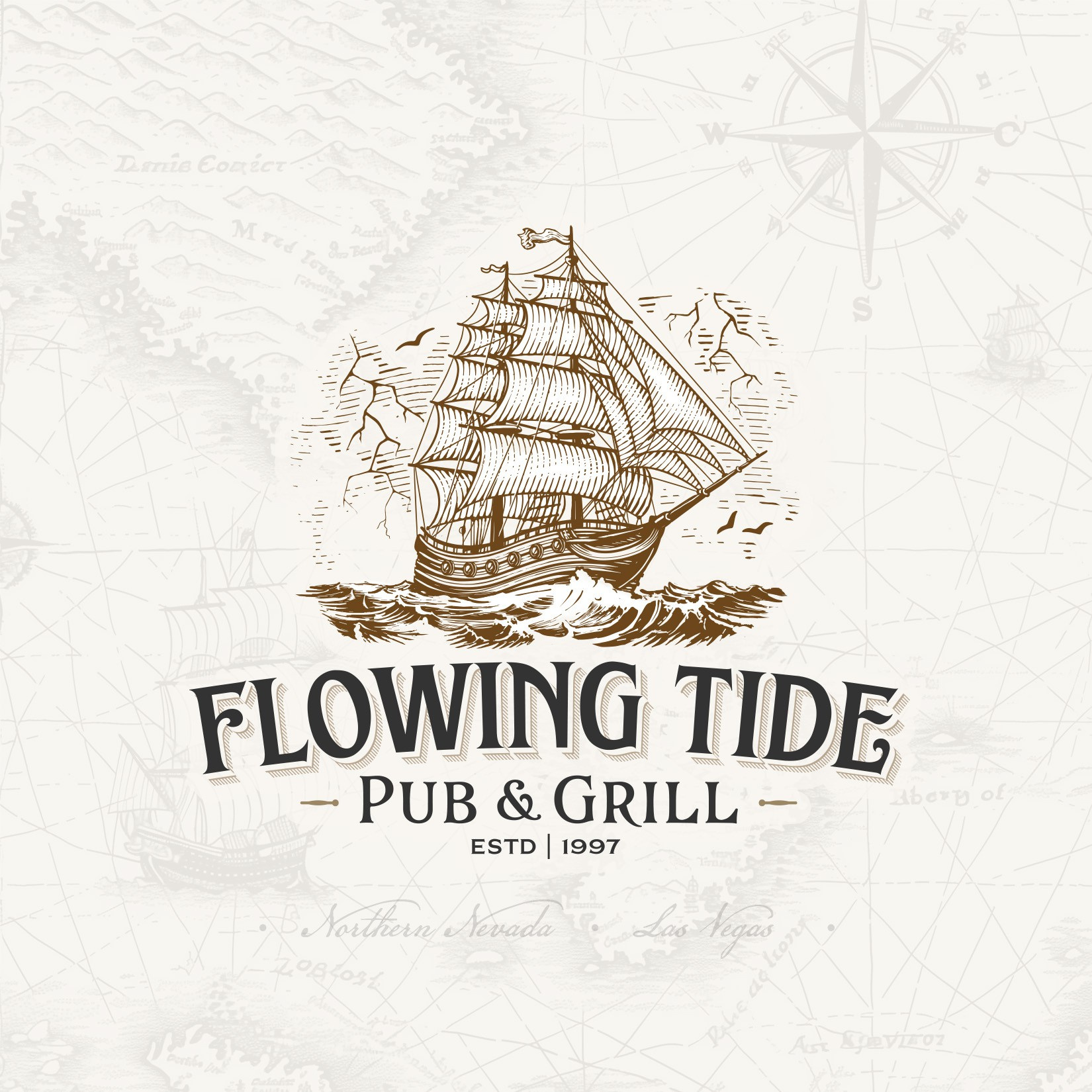 Flowing Tide Bar & Grill artisan branding craft distillery graphic design grill illustration lightning logo logo design ocean pirate ship pub sail sailing sea ship storm tide vintage
