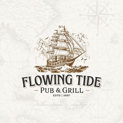 Flowing Tide Bar & Grill artisan branding craft distillery graphic design grill illustration lightning logo logo design ocean pirate ship pub sail sailing sea ship storm tide vintage