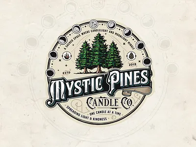 Mystic Pines Candle Co. artisan badge branding candle candle design candle logo cosmic craft earth graphic design illustration label logo moon spirit spiritual tree vintage