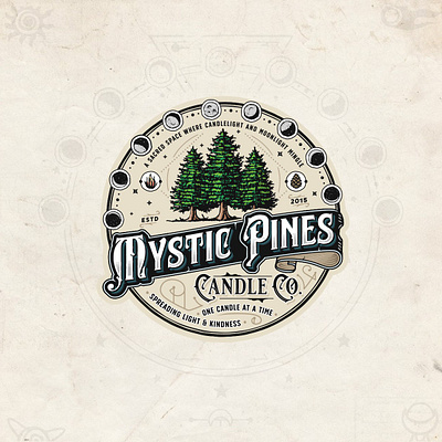 Mystic Pines Candle Co. artisan badge branding candle candle design candle logo cosmic craft earth graphic design illustration label logo moon spirit spiritual tree vintage