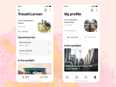 Tribevibe Profiles badges community friends friendship hospitality hosting journey meeting meetup mobile app mobile app development mobile ui mobile ux profile profile card tourist travel traveling trip planner trips