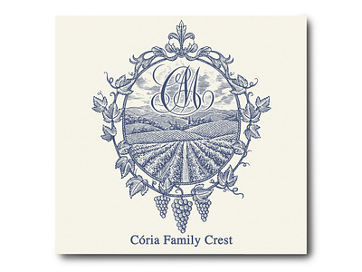 Coria Family Crest Illustrated by Steven Noble artwork branding coat of arms crest design engraving etching illustration line art logo scratchboard seal steven noble woodcut