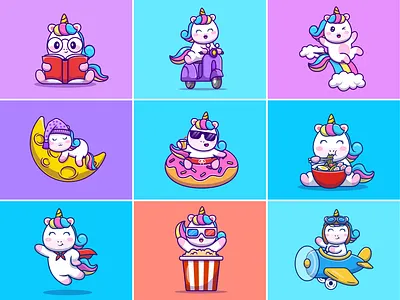 Unicorn 🦄🦄🌈🍭 book cartoon character cute donut eat hero horse icon illustration logo mascot moon rainbow ramen reading scooter sleeping summer unicorn