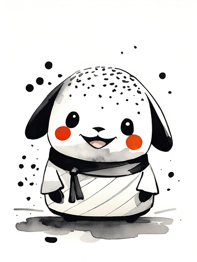 Happy little musubi dog. Or is it a panda? anime cartoon chibi dog food happy little musubi panda watercolor