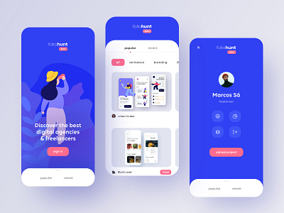 Foliohunt | Blue version agency categories creative design dribbble explore freelance home hunt illustration menu plants platform portfolio project responsive search shot ui website