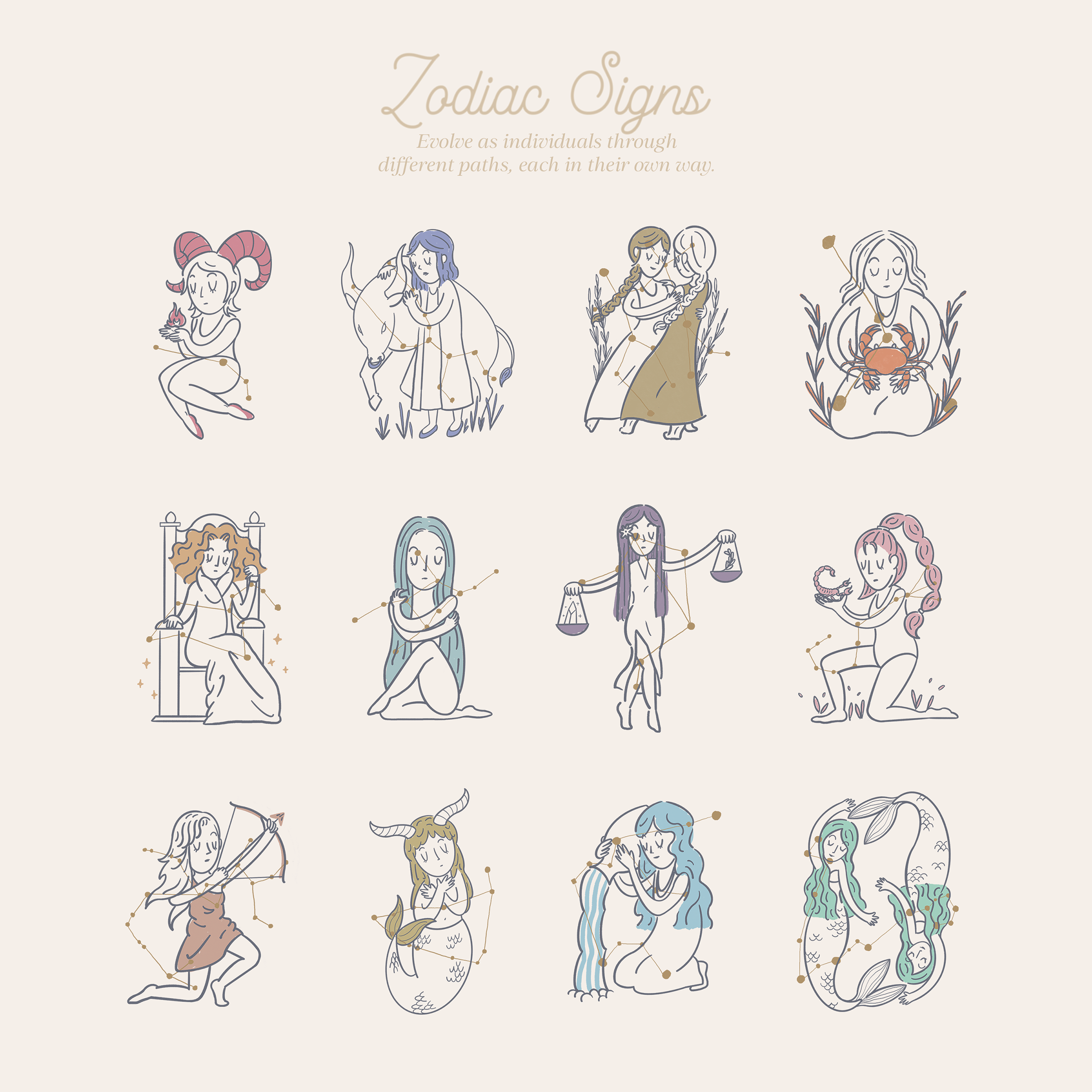 Zodiac Signs aquarius aries cancer capricorn gemini graphic design illustration leo libra pisces sagitarius scorpio taurus virgo zodiac signs