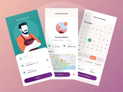 Barber booking app 💈 android barber barbershop calendar clean dashboard date hair hairstyle illustration ios landing man map mobile onboarding profile shop time website