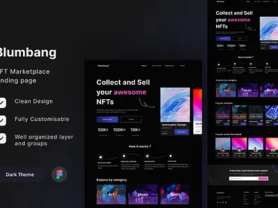 NFT Marketplace Landing Page clean design dark mode landing page marketplace landing page nft nft landing page nft landing page figma nft marketplace landing page nft website ui kit ui ux web website design