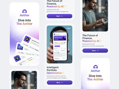 Onboarding screens For the Aether wallet ai ai agent artificial intelligence blockchain crypto cryptocurrency design product design ui user experience user interface ux wallet web3