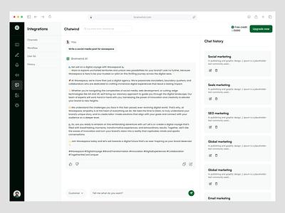 Brainwind-AI Chat Marketing Agent Dashboard | UI & UX Design ai assistant ai chat ai dashboard ai platform app artificial intelligence branding chat chatbot dashboard marketing marketing agent minimalist mobile app product product design social media ui ux ux design