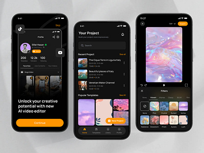 AI Video Editor Mobile App ai ai app ai editor app app design artificial intelligence dark mode ios app mobile mobile app mobile app ui mobile design mobile ui video video app video editing video editing app video editor video sharing video tools