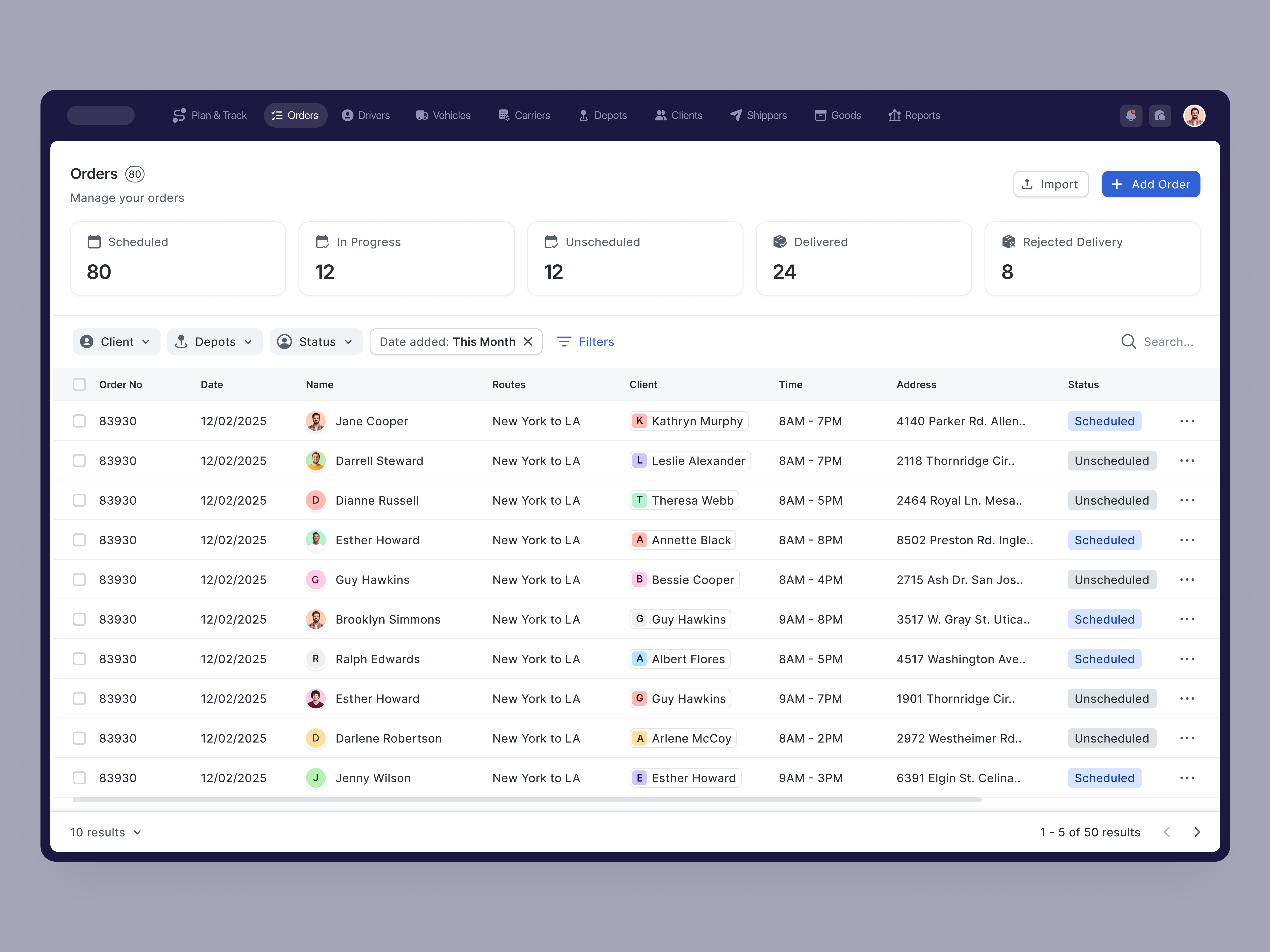 Orders List - Logistic Platfrom app dashboard delivery inventory list logistic order list parcel parcel delivery product design saas saas design shipping table tracking ui design webapp