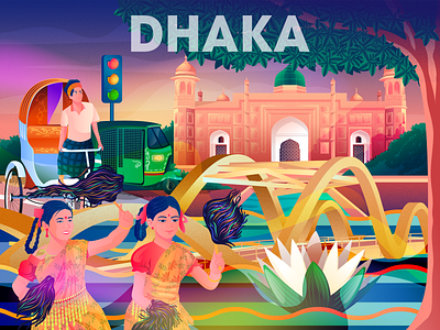 DHAKA ICONIC Illustration asia bangla bangladesh capital city culture dancing dhaka girls illustration lalbagh fort lotus new year rickshaw vector water lili