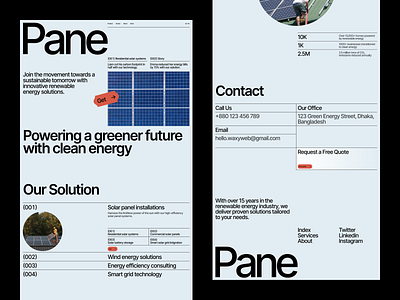 UI/UX for the Pane Solar Green Energy Website Design big typography business website design editorial design green energy homepage power renewable energy solar solar energy solar panel sustainable tanim turbine waxyweb web ui web ux website development website ui wind turbine