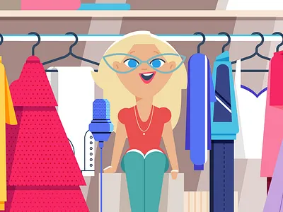 Wardrobe branding character clothes costume design dresses flat style glasses graphic design illustration jeans microphone trousers vector voiceover wardrobe woman