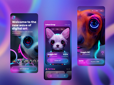 NFT Marketplace Mobile App Exploration (Dribbble UI Course) ai app blur crypto cryptoart dark dark mode ethereum futuristic gradient ios machine learning marketplace mobile mobile design mobile ui neon nft product design ui