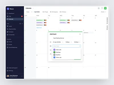 Nexus - Calendar Add Event CRM Dashboard Webapp Saas crm dashboard design nexus crm saas saas dashboard ui ui kit ux web app web builder