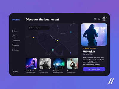 Event Search App animation dark theme dashboard design ecommerce event interaction interface landing locations map motion platform search ticket ui ux web web ui website