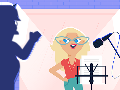 Recording studio actor actress branding character flat style illustration man microphone pupitre recording studio records shadow stage lights vector voice acting voiceover