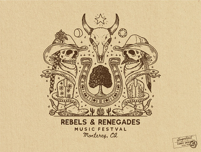 Rebels & Renegades animal boots cactus california cowboy desert festival illustration moon music music festival poster poster design skeleton skull star sun t shirt tree vintage