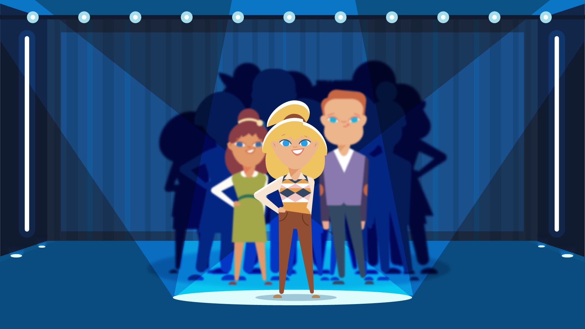 Performance branding character crowd flat style illustration lights performance school schoolboy schoolgirl stage vector