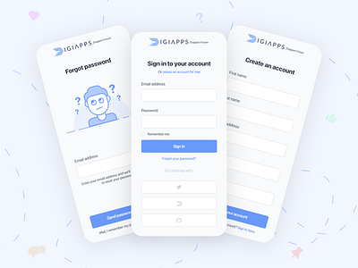 DigiApps Support Forum App | Login Flow app app design interface login form minimal mobile app mobile apps mobile design mobile ui mobileapp ui ui design uiux ux ux ui design