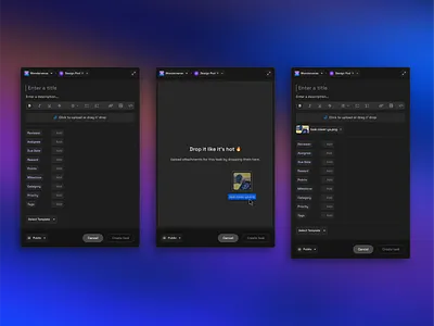 Drag & drop task attachments app create task daos dark theme dnd drag and drop drag drop drag n drop figma file upload files import interaction modal product design ui upload ux web3 window