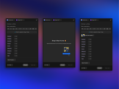 Drag & drop task attachments app create task daos dark theme dnd drag and drop drag drop drag n drop figma file upload files import interaction modal product design ui upload ux web3 window