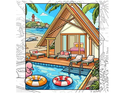 Vector illustration for a mobile app. Coloring. Beach house art beach beach house branding coloring app design digital art graphic design illustration lighthouse mobile app modern house palm trees pool vector vector art