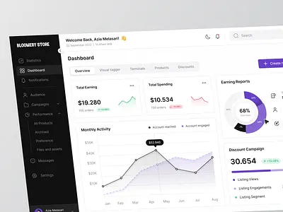 Bloomery - Admin Dashboard 🔥 admin admin dashboard admin panel admin ui analytics b2b chart crm dashboard data graphs modern ui pie chart platform product product design saas sidebar stats store