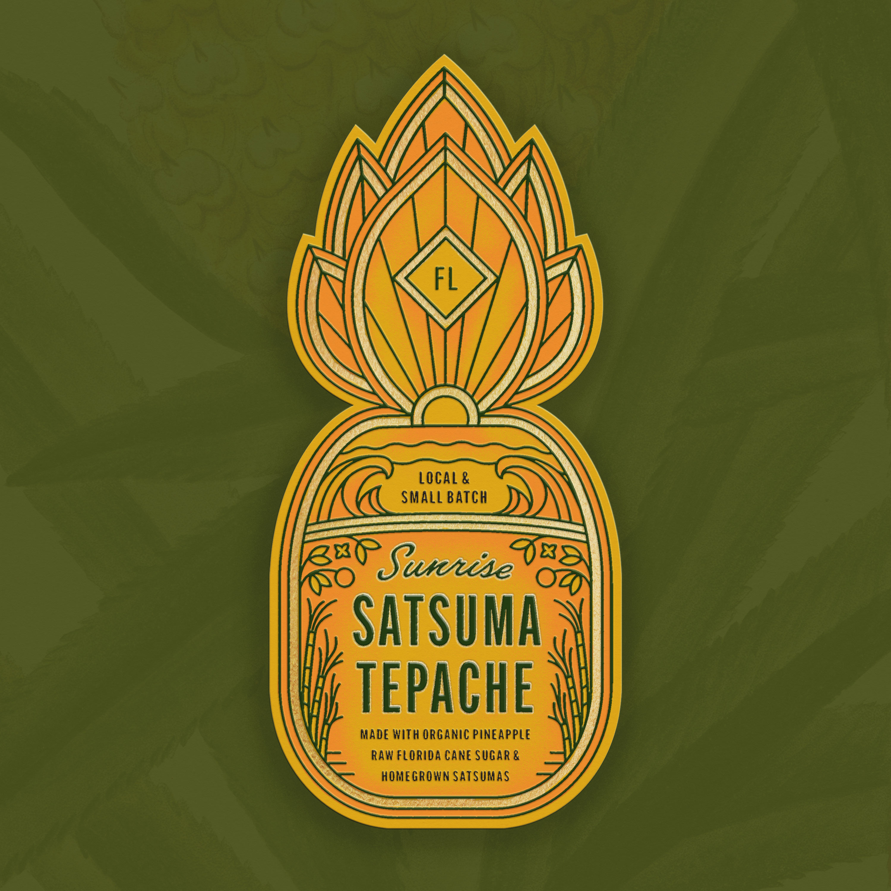 Personal Work - Sunrise Satsuma Tepache alcohol branding design drink ferment florida icon illustration label light liquor orange packaging pineapple satsuma sticker sugarcane sun tepache waves