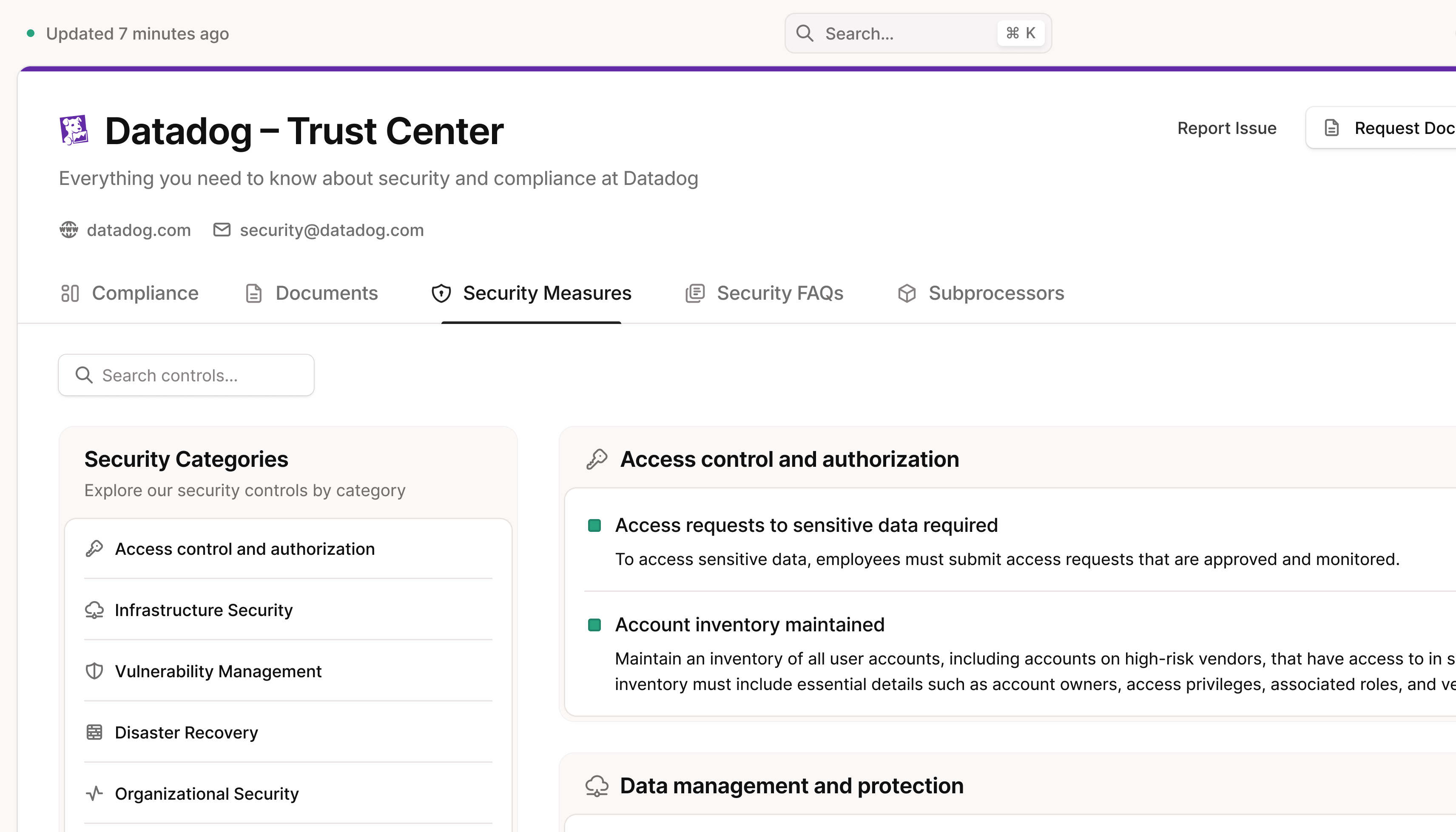 Compliance Trust Center - Security Measures Tab compliance cybersecurity datadog figma header oneleet product design purple saas search sidenav soc2 tabs top nav trust center ui web