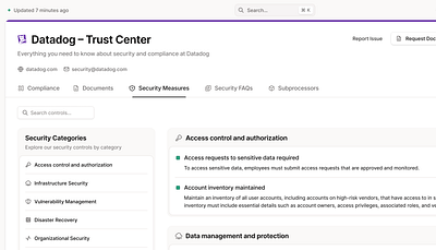 Compliance Trust Center - Security Measures Tab compliance cybersecurity datadog figma header oneleet product design purple saas search sidenav soc2 tabs top nav trust center ui web