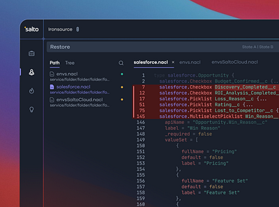 The Diff | Dark Mode | Salto bizops business operations clean code code editor codepen compare development devops git github inspector menu path saas salesforce sidebar softwareasaservice thediff tree