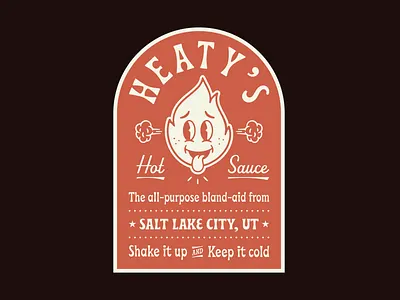 Heaty's Hot Sauce 70s badge cartoon flame freckles hot sauce illustration label mid century packaging personal project script steam tongue typeface vintage