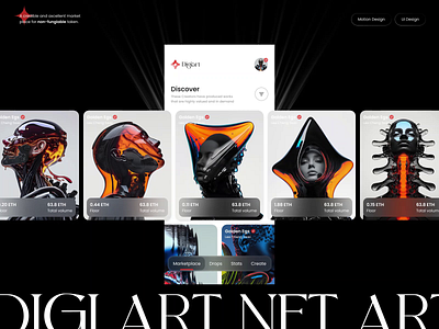 NFT Marketplace - Digiart 3d 3d nft clean interaction marketplace minimal motion motion graphics nft nft art nft marketplace productdesign sharp ui ui design uiux website